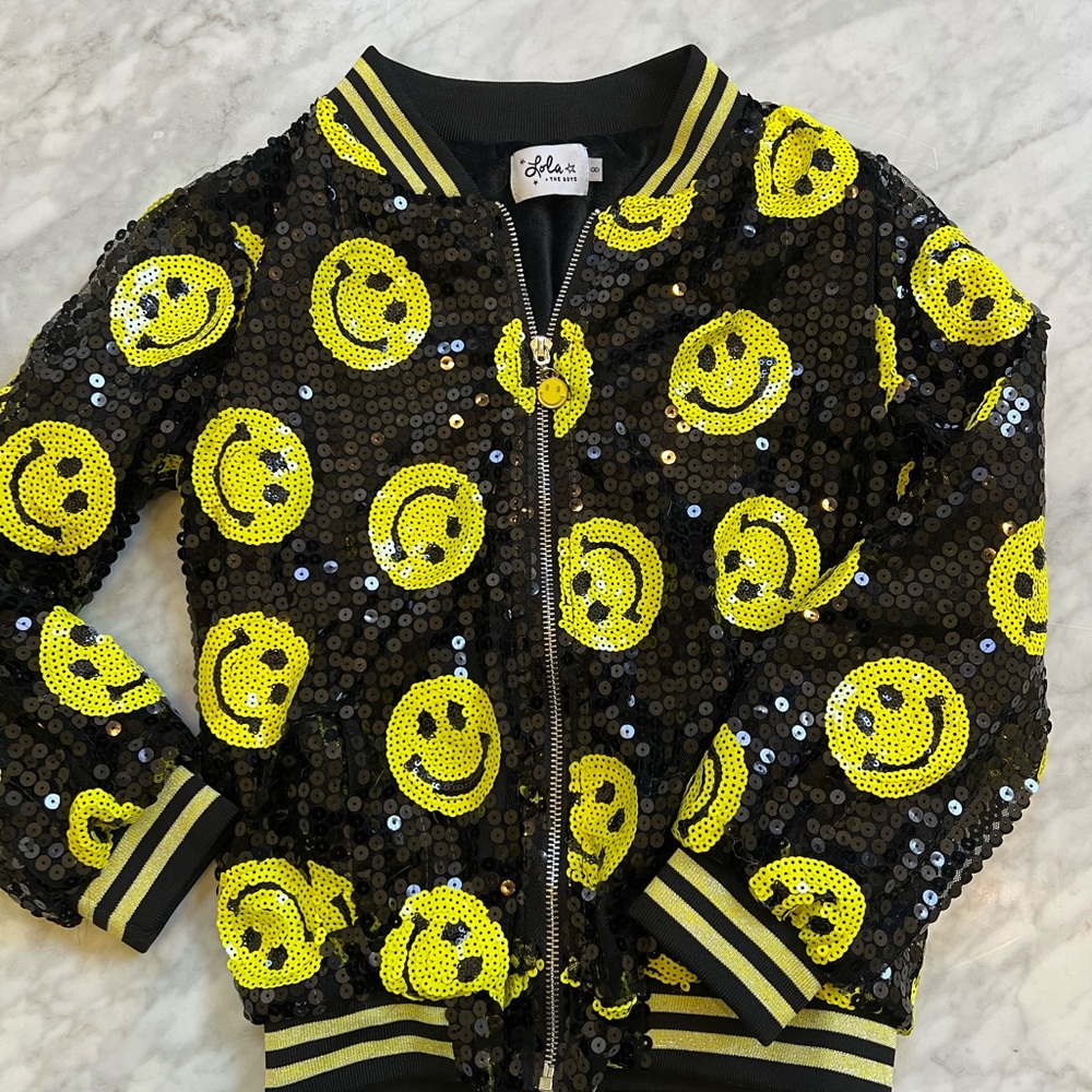 Lola + The Boys Sequin Smiley Face Bomber Jacket